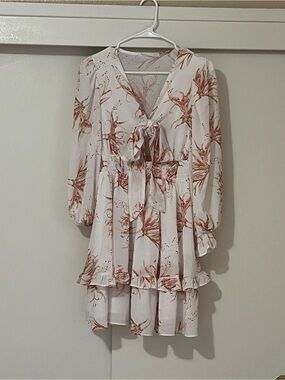 Floral Tie-Front Tiered Mini Dress in Cream and Rust